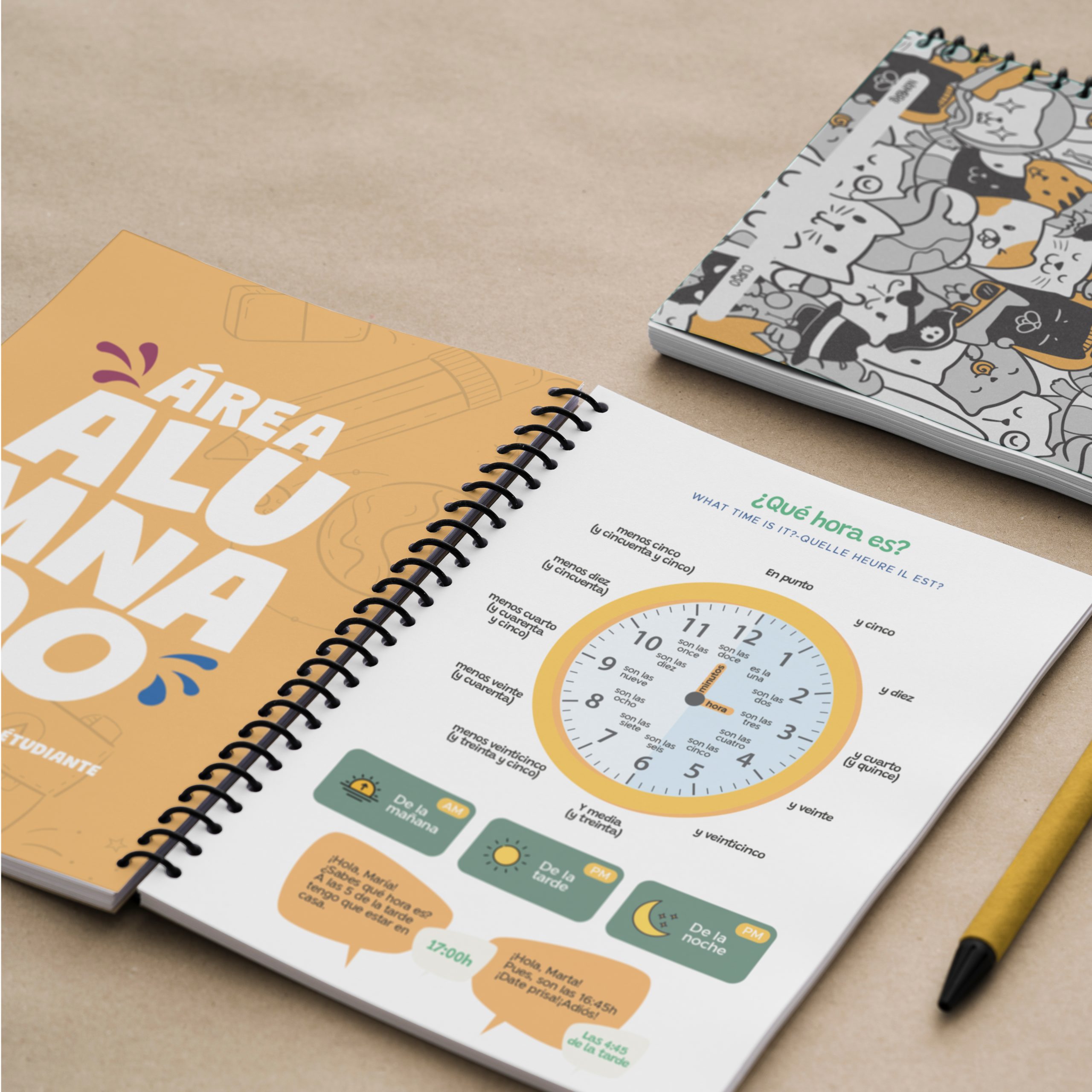 Render del interior de la agenda escolar, hoja de pegatinas e interior del modelo semana vista